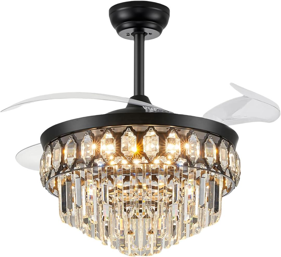 42 Inch Fandelier Ceiling Fan with Light, Retractable Ceiling Fan with Lights Chandelier Fan for Bedroom, Living Room, LED Dimmable, 3 Color, 6 Wind Speed-Black