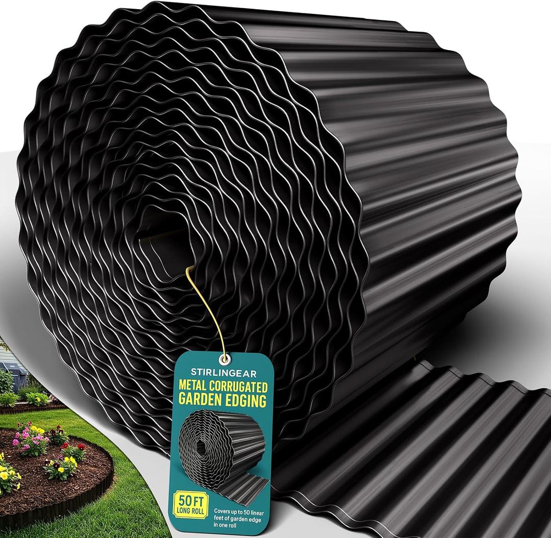50FT Black Corrugated Metal Landscape Edging Flexible & Rustproof Garden Edging Border, Decorative Metal Trim for Flower Beds, Lawn, Driveway, Walkway & Raised Beds