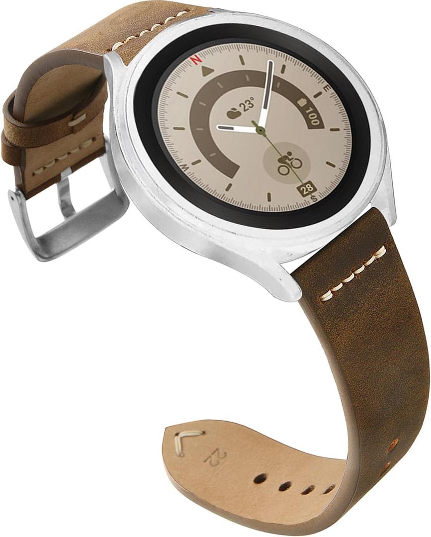 CooBES Genuine Leather Bands Compatible with Samsung Galaxy Watch 6 Classic 43mm 47mm/ Galaxy Watch 42mm/Watch 3 41mm/Watch 4 40mm 44mm, 20mm Sport Smart Watch Bands Adjustable Quick Release Straps for Women Men. (Coffee)