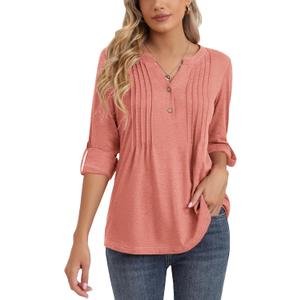 Bashafo 3/4 Sleeve Tops for Women V Neck Henley Long Sleeve Dressy Casual Shirts Ladies Loose Button-up Blouses Tunic (XX-Large)