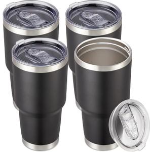 30 oz Tumbler with Lid Stainless Steel Tumblers Bulk Vacuum Insulated Cup Reusable Powder Coated Travel Mug Double Wall Leak Proof Cups Keep Cold Drinks for 12 Hours Black, Set of 4