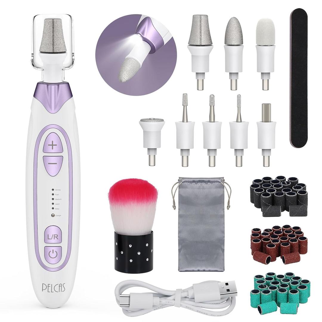 PELCAS Electric Toenail Grinder for Thick Toenails, Cordless Nail Drill, 5 Speeds Manicure and Pedicure Kit with LED Light, Electric Nail File for Human, Pet, Thick Toenails, Natural & Acrylic Nails