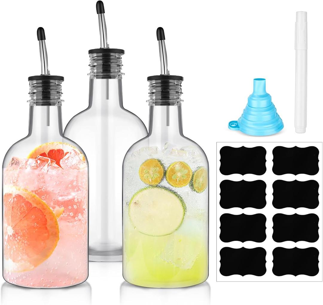 Maxcheck 3 Sets 16 oz Plastic Long Neck Bottles with Pourer and Caps Plastic Juice Pour Bottles with Stainless Steel Bottle Pourer Tapered Spout for Liquor Juice Store Syrup