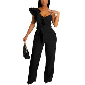 HBQ Womens Casual One Piece Jumpsuits V-Neck Sleeveless Ruffle Backless Belted Elegant Romper Wide Leg Pant Sexy Party Clubwear Overalls-Solid-XL
