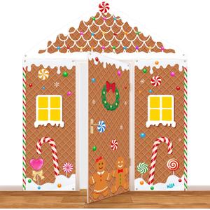 4 Pcs Christmas Gingerbread House Decorations Xmas Gingerbread Door Covers Hanging Banner Porch Sign for Christmas Party Backdrop Wall Decor (Cute)