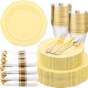Liacere 350PCS Yellow Plates - Yellow Disposable Plastic Plates With Gold Rim-50Guest Plastic Dinnerware include 100 Plates,50 Pack Pre Rolled Napkins with Silverware 50Cups for WeddingMother's Day