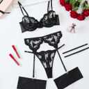 Lilosy Sexy Leaf Floral Embroidered Mesh Sheer Women Underwire Push Up Lingerie Set (Black, L)