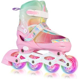 Kids Adjustable Inline Skates for Girls Boys and Adults, Blades Skate with Outdoor All Light Up Wheels for Beginner Youth Women, Pink, Small(US 10C-12.5C) Little Kids