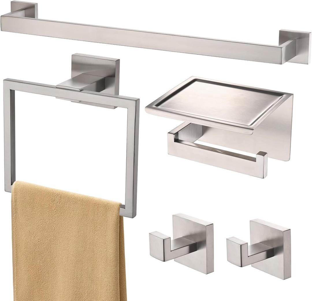 Bath Towel Bar Set 5 Pieces Brushed Nickel, Modern Bathroom Hardware Accessories Set Wall Mounted Include 16-InchTowel Rod, Towel Rack, Toilet Paper Holder with Shelf,2 Robe Hook (Large)