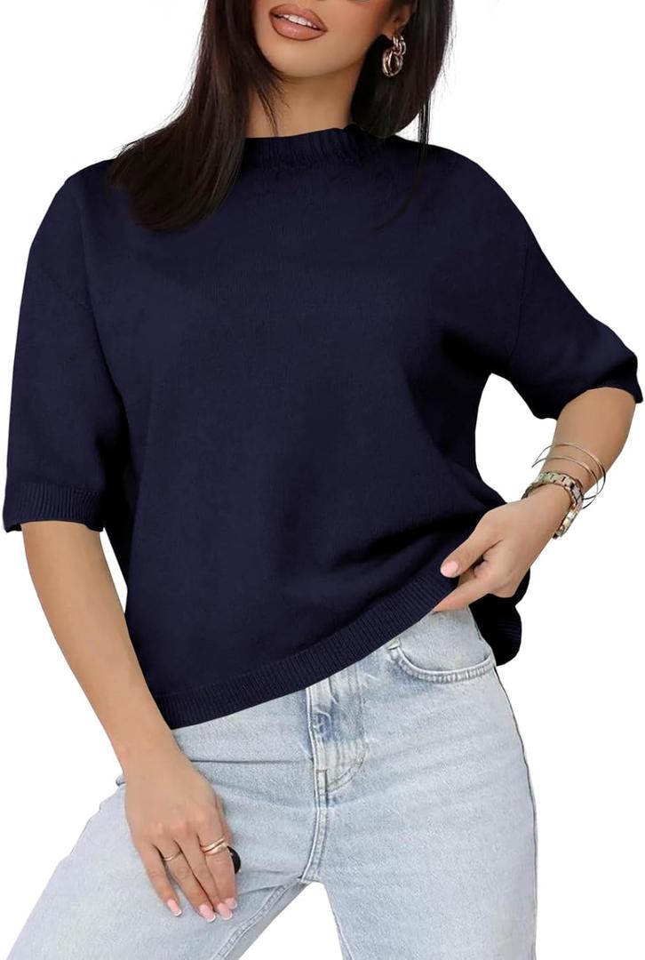 Saodimallsu Womens Short Sleeve Sweater Crew Neck Pullover Summer Lightweight Loose 2025 Knit Tops Dressy Casual Blouse (Blue)