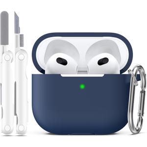 R-fun Compatible with AirPods 3 Case Cover, Silicone Protective Accessories Skin with Keychain Compatible with Apple AirPod 3rd Generation 2021 for Women Men Girls Boys,Front LED Visible,Midnight blue