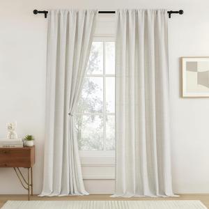 OVZME Extra Wide Curtains 96 Inches Long 2 Panels, Light Filtering Rod Pocket Window Drapes, Faux Linen Rustic Farmhouse Dining Room Curtains for Sliding Glass Door, Natural, 2x52Wx96L Inches