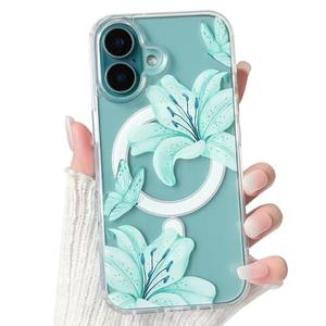 NITITOP Compatible with iPhone 16 Case Clear Magnetic Compatible with MagSafe Cute Lily Flowers Floral for Women Girls Hard PC Back Shockproof Protective Phone Cover - Green