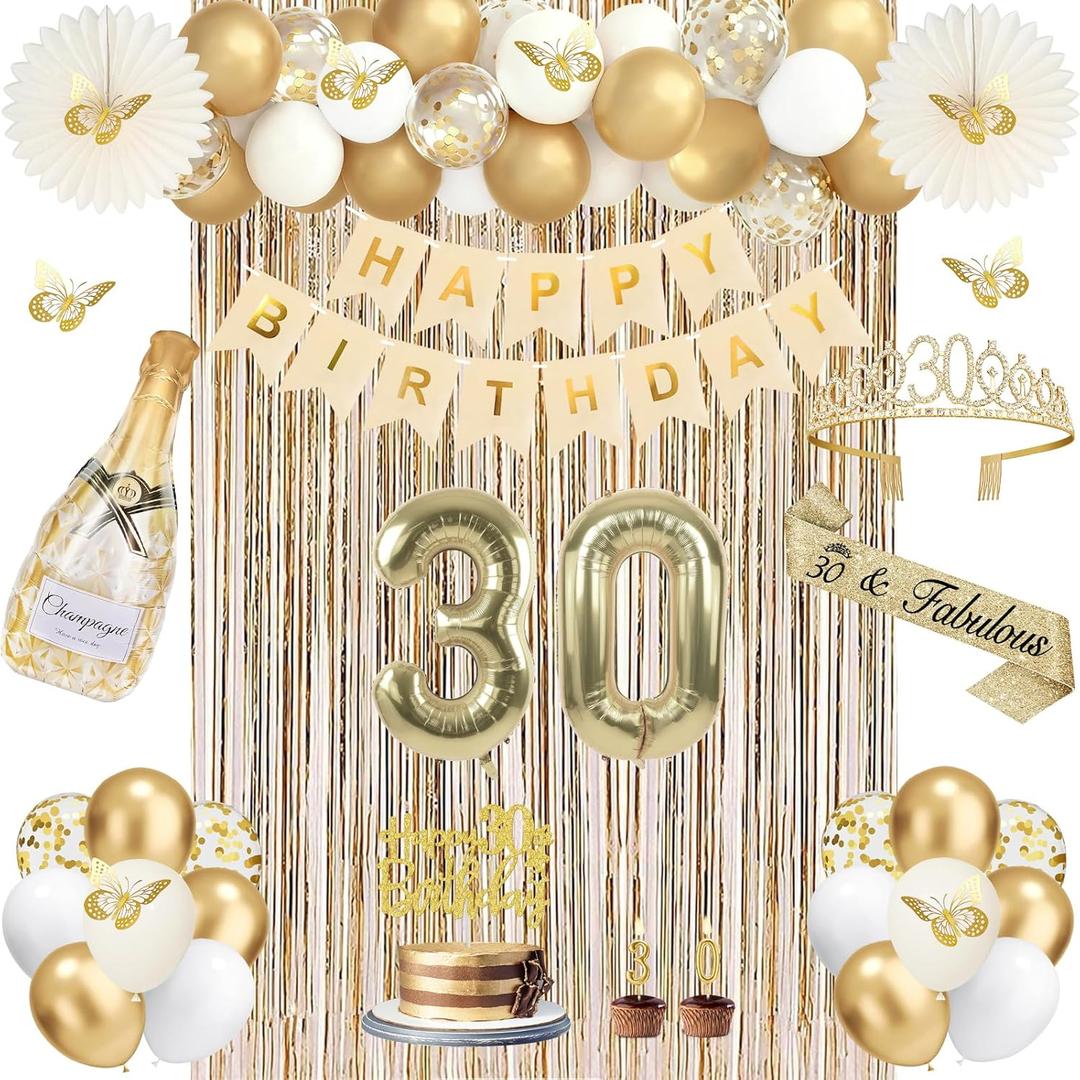 30th Birthday Decorations for Her, Champagne Gold Happy 30th Birthday Decorations for Her, 30 Sash and Crown, Banner, Fringe Curtains, Hanging Paper Fans, 30 Year Old Party Supplies Set