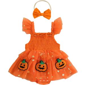 0-18 Months Baby Girl Halloween Clothes Smocked Pumpkin Romper Onesie Tulle Lace Bodysuit Infant Girl Christmas Clothes (6-9 Months, Orange)