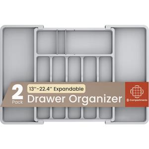 Gray Expandable Utensil Drawer Organizer 2 Pack, Adjustable 13”  Compartment Silverware Organizer for Kitchen Utensils, Spatulas, Cutlery, and Tools, Easy to Clean, Durable, and BPA-Free