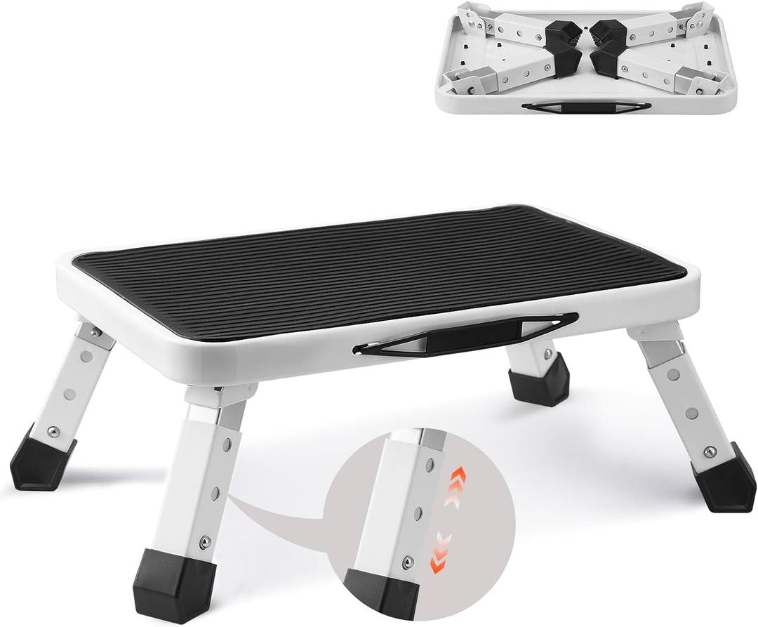 VEVOR 1-Step 330lbs Capacity Folding Steel Step Ladder, Adjustable Height, Non-Slip Sturdy Step Stool for Adults, Toddlers, Offices, RVs, Bathrooms, Bedrooms