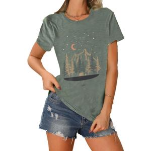Nature Camping Shirts for Women Mountain Hiking Athletic Shirt Adventure Wild Outdoor Graphic Tees Tops (Green, XL)