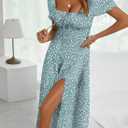 BLENCOT Womens Casual Summer Square Neck Short Sleeve Split Thigh Cotton Dress Boho Floral Print Tie Front Midi Dresses (Green, S)