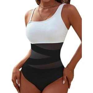Blooming Jelly Women's Sexy One Piece Bathing Suits One Shoulder Swimsuits Slimming Mesh Swimwear (Small, Black and White)