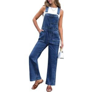 luvamia Jean Overalls for Women Straight Wide Leg Baggy Stretchy Denim Bib Adjustable Strap Casual Jumpsuit Loose Fit (Blue, M)