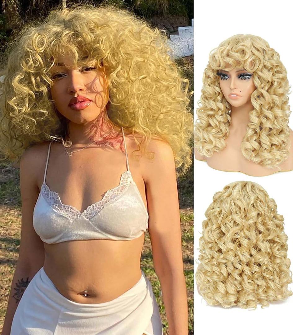 GKtineke-Blonde-Curly-Wig Big-Curly-Wigs-for-White-Black-Women 20 Inch- Long-Curls-Afro-Wig-with-Bangs Synthetic-Hair-Replacement-Wigs-for- Cosplay and Daily (Blonde)