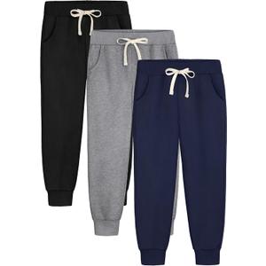 3 Pack Girls Sweatpants Joggers Cotton Athletic Pants Kids Youth Joggers Pants with Pocket Drawstring 5-16Y (Medium, Gray, Black, Navy)