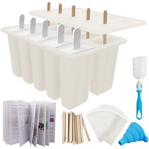 Miaowoof Homemade Popsicle Molds, 10Cav NonBPA Silicone Ice Pop Maker, with 50 Sticks, 50 Bags, 10 Reusable Sticks, Funnel, Brush and Ice Pop Recipe (White)
