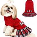 YUDODO Small Dog Sweater Dress with Bowtie Turtleneck - Knitted Pet Girl Dog Winter Clothes - Pet Warm Sweater for Puppy Yorkies, Chihuahua (S Red)