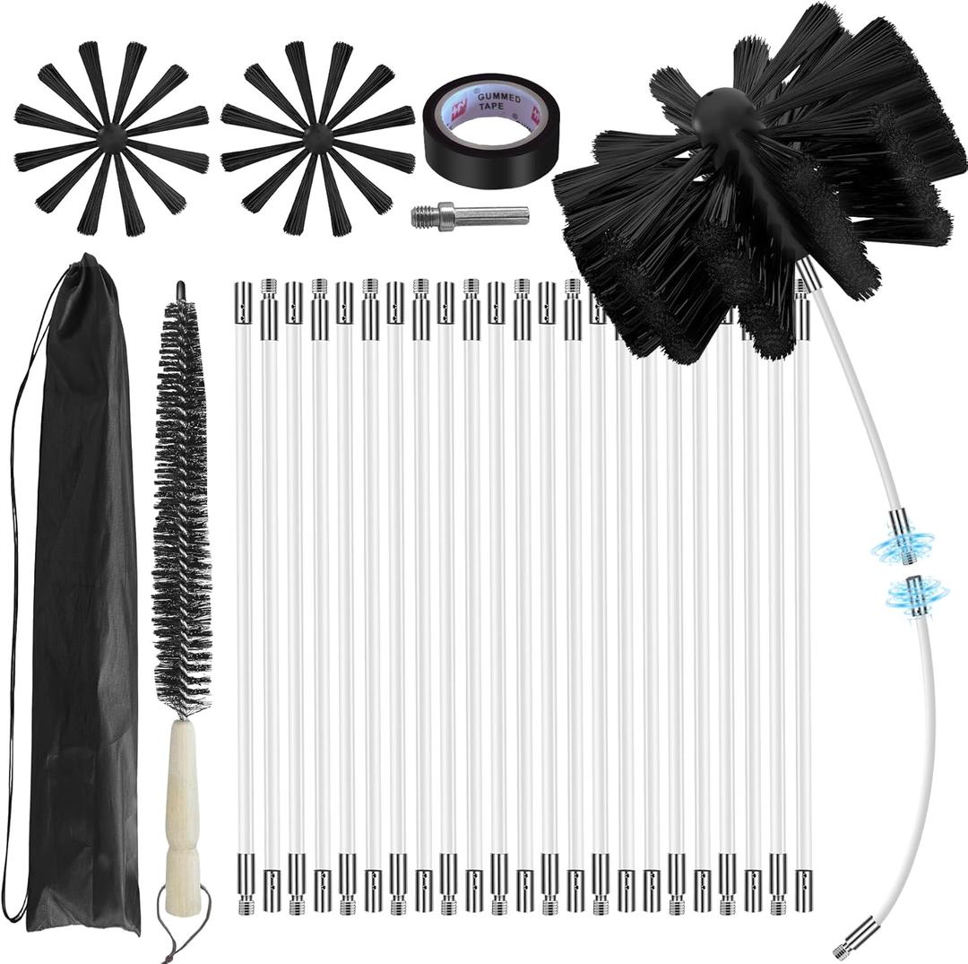 30 Feet Chimney Sweep Kit, 8 in Brush Head, Dryer Vent Cleaner Kit, Chimney Sweep & Chimney Cleaning Kit, Rotary Chimney Cleaning System for Flue/Fireplace/Sewage Pipe/Hood with 23 Nylon Flexible Rods (Large)