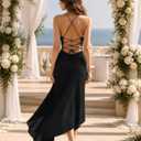 SUNSTORY Black Satin Maxi Dress: 2026 Women’s Backless Sleeveless Bodycon Formal Gown, High Slit Tie Back Dresse (L)