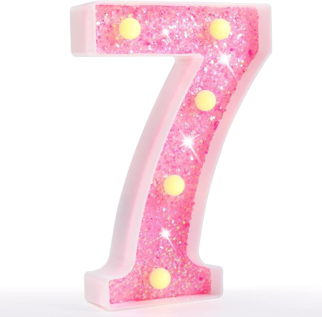 LED Marquee Letter Lights, Light Up Letters Glitter Alphabet Letter Sign Battery Powered for Night Light Birthday Party Wedding Girls Gifts Home Bar Christmas Decoration (7, Pink)