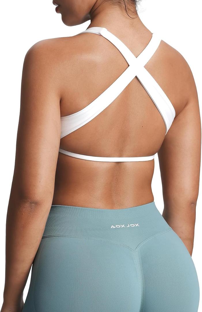 Aoxjox Women's Workout Sports Bras Square Neck Emma Cross Back Fitness Training Gym Bra Yoga Crop Tank (White, S)