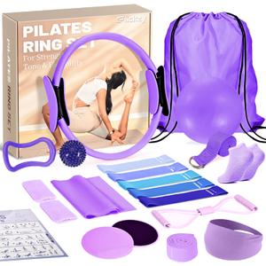 Pilates Ring Set for Women, Pilates Set with Magic Circle, Ball and Resistance Bands, Pilates Kit for Home Workout, Pilates Equipment Set for Strength, Toning and Flexibility (Purple)