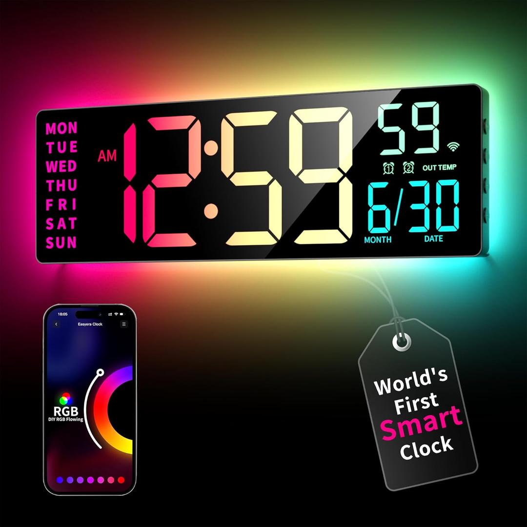 EASYERA Smart Digital Wall Clock with App Control, 16.5 Large RGBIC Wall Clock with Multiple DIY Color and Music Sync, LED Display, Auto DST, Plug-in Clocks for Classroom Home Gym Gaming