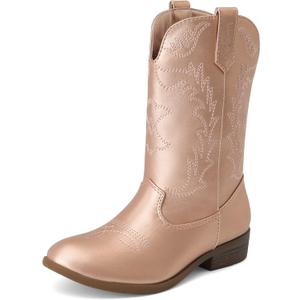DREAM PAIRS Cowgirl Cowboy Western Boots Girls Mid Calf Riding Shoes Little Kid/Big Kid (Rose Gold), 12 Kid
