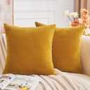 Throw Pillow Covers Mustard Yellow Set of 2 18x18 Inch Fall Pillow Covers, Soft Velvet Farmhouse Neutral Decorative Pillowcases for Couch Sofa Bed, Home Boho Decor, Modern Cushion Covers