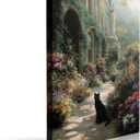 Vintage Rustic Garden Scene with Black Cat and Ivy Clad House Canvas Wall Art Framed Floral Landscape Painting Wall Decor for Country Farmhouse Home Cozy Living Room Bedroom Artwork 16x24 Inches