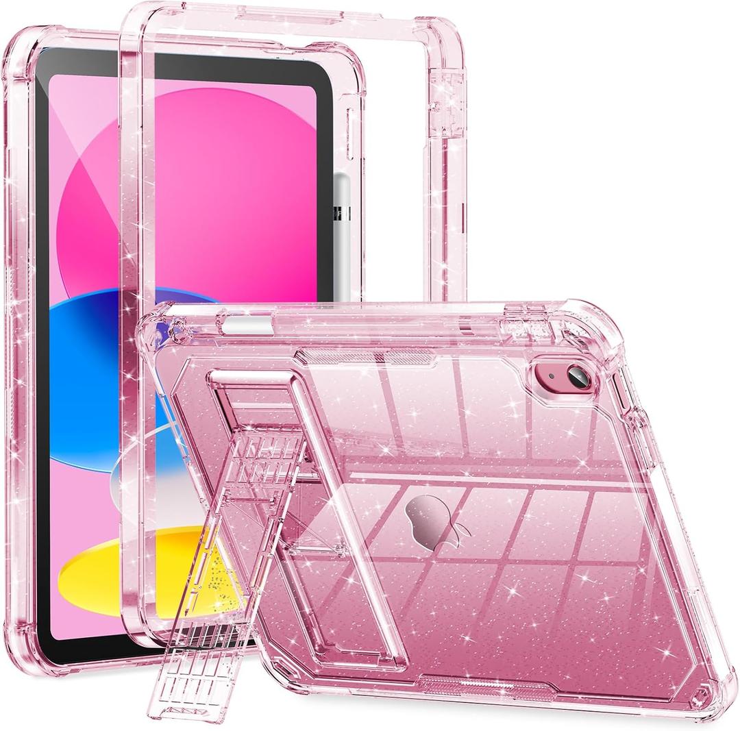 INFILAND Kids Case for iPad A16 11 inch 11th Generation,iPad 10th Generation Case 10.9 Inch, Heavy Duty Shockproof Protective Cover with Stand, Glitter Clear Cute Shell for Girls, Women (Pink)