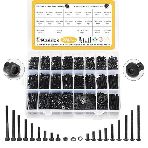 Kadrick Metric Screws Assortment,2240 Pcs M3 Screws Nuts Washers Assortment M3x4MM-35MM, Hex Socket Button & Cap Head M3 Machine Bolts Kit, 12.9 & 10.9 Grade Black Alloy Steel for 3D Printing