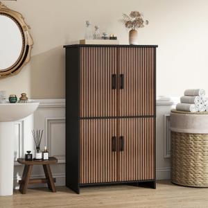 Bathroom Storage Cabinet, Floor Cabinet with 4 Fluted Doors and 2 Adjustable Shelves Wooden Tall Freestanding Organizers and Storage,Black