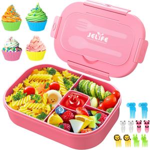 Jelife Lunch Box Kids Bento Box - 1300ml Larger-Style Kid Lunch Containers Leak Proof Bento Lunch Box, BPA Free Lunchbox for Girls Teens Toddlers with Utensil, Food Fork Picks & Cake Cups, Pink