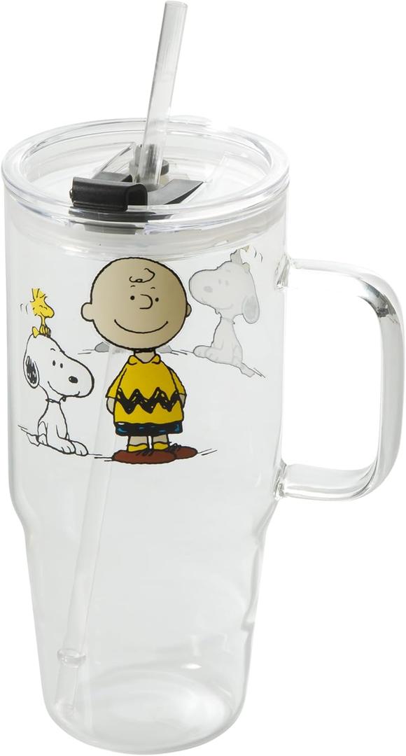 Peanuts Snoopy Glass Cups with Lids and Straws - 40 Oz Tumbler with Handle and Straw Glass Water Bottles Drinking Glasses with Straws Iced Coffee Cups Travel Coffee Mug Smoothie Tumbler