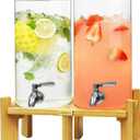 L'PICA 1.5 Gallon Drink Dispenser for Parties 2 PCS, Beverage Dispenser Set of 2, Glass Drink Dispensers with Wood Stand, Large Drink Dispenser with Stainless Steel Spigot 100% Leakproof, Wood Lid.