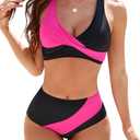 SEAFORM Women Bikini Set Color Block Two-Piece Swimsuit High Waist Tummy Control V-Neck Quickly Dry Beachwear, S