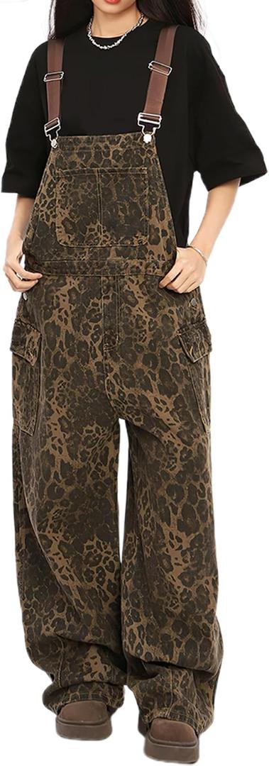 YEMOCILE Women's Y2K Leopard Denim Overall Baggy Jeans Adjustable Strap Wide Leg Jumpsuit with Pockets, Medium