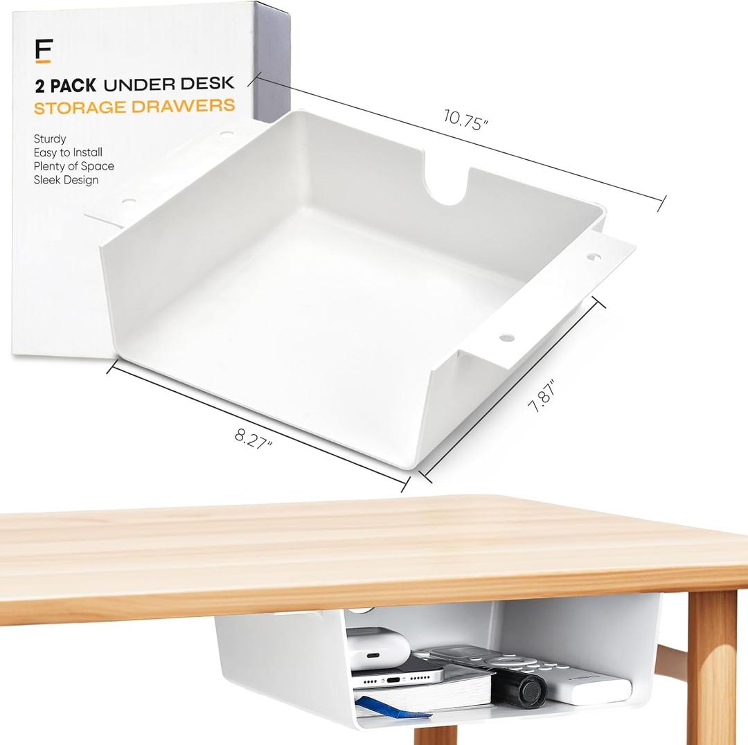 2 Pack Under Desk Hanging Shelf Drawer Organizer, Attachable Plastic Hidden Storage Tray, Easy Adhesive Mount Holder for Standing Tables, Office, Counters, Cabinets, Workstations - White