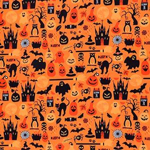 Halloween Fabric 1 Yard Ghost Pumpkin Cats Pattern Halloween Orange Printed Fabric for Sewing Quilting Apparel Crafts Home Decor Supplies (1 Piece)