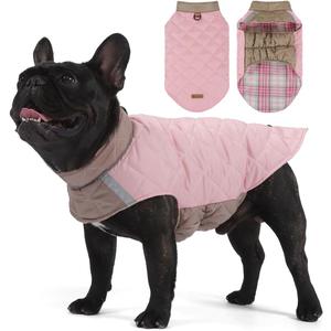 Reversible Waterproof Dog Coat - Adjustable Winter Jacket for Small to Large Breeds, Warm Cold Weather Apparel for Medium Dogs (Pink & Khaki, Medium (Pack of 1)