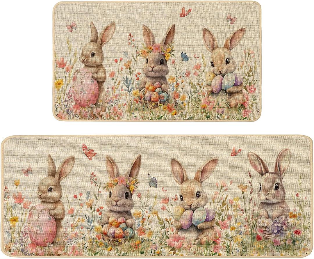Baccessor Easter Bunny Kitchen Mats Set of 2,Colorful Easter Cute Rabbits Eggs Spring Floral Flowers Kitchen Rugs Non Slip Low-Profile Washable for Floor Home Decor 17x29 and 17x47 Inch